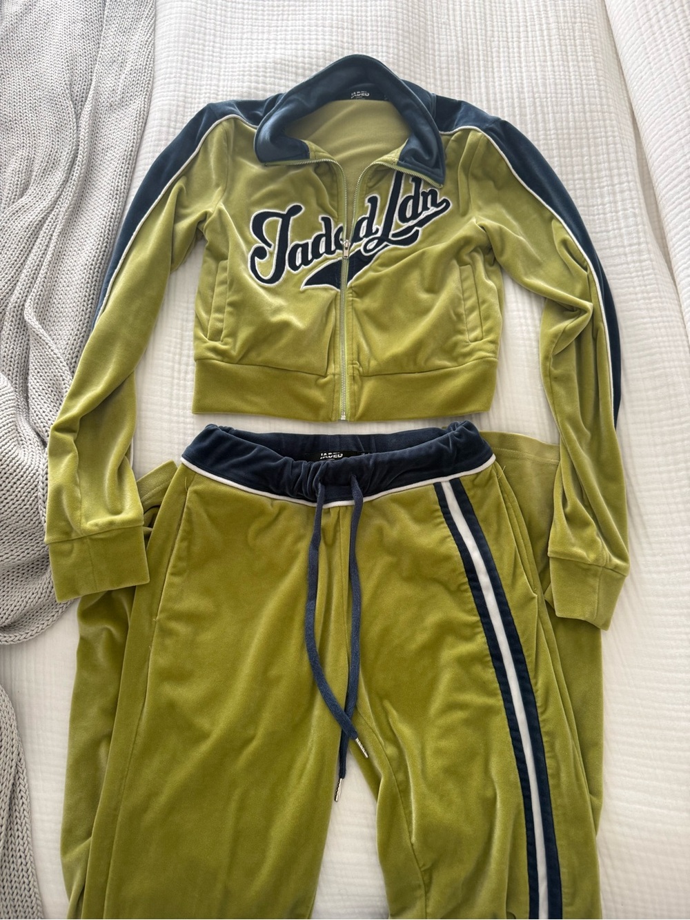 Jaded London Olive Green & Navy Velour Kids Joggers Set